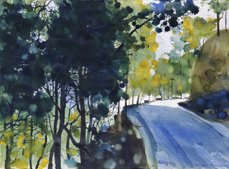 Path Through Sparkling Forest' landscape watercolor painting by artist Prashant Prabhu, 22x30 inch, on paper
