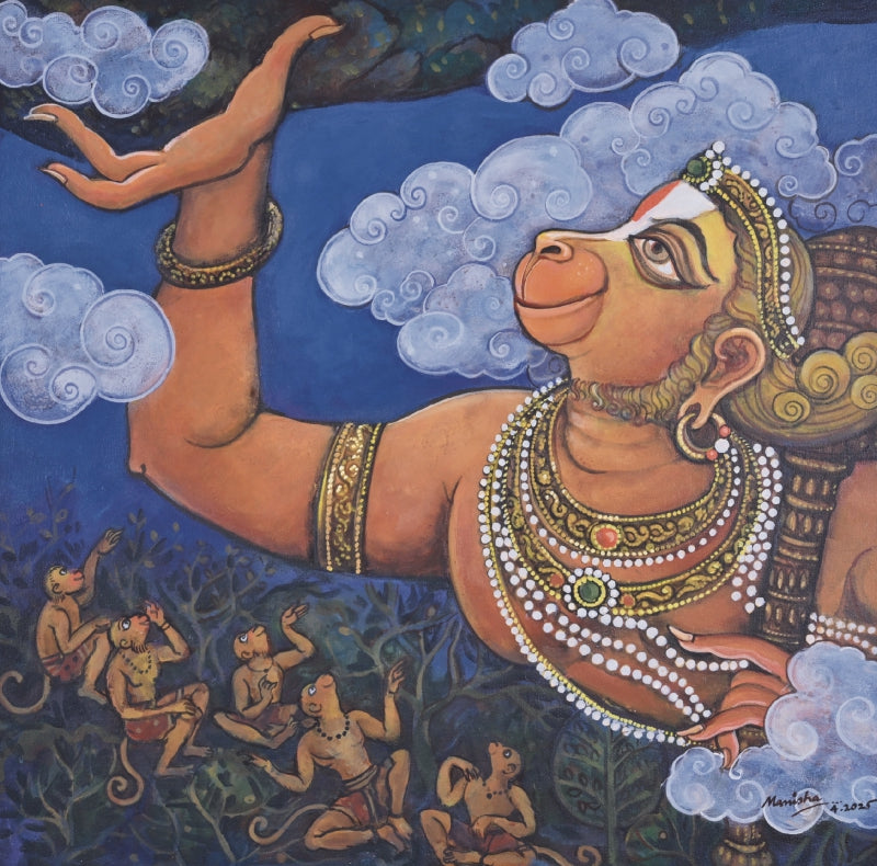 Pawan Putra' religious acrylic painting by artist Manisha Srivastava, 30x30 inch, on canvas