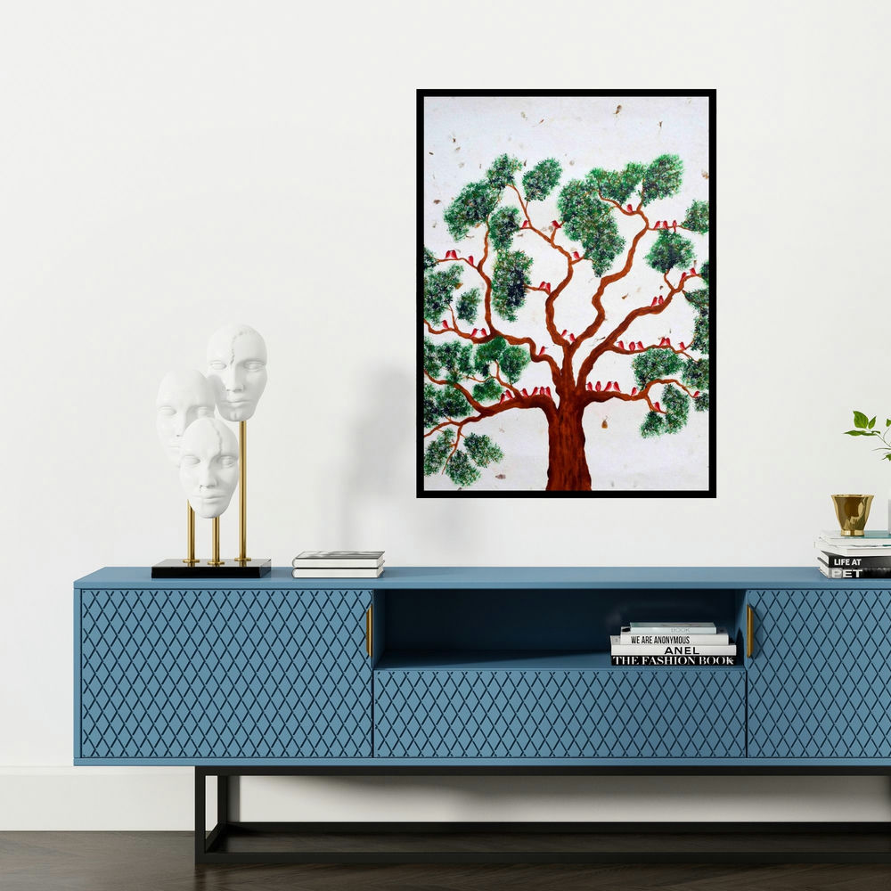 'Pawanvriksh (Natures Chorus)' painting by Sumit Mehndiratta shown on a wall in a furnished room.