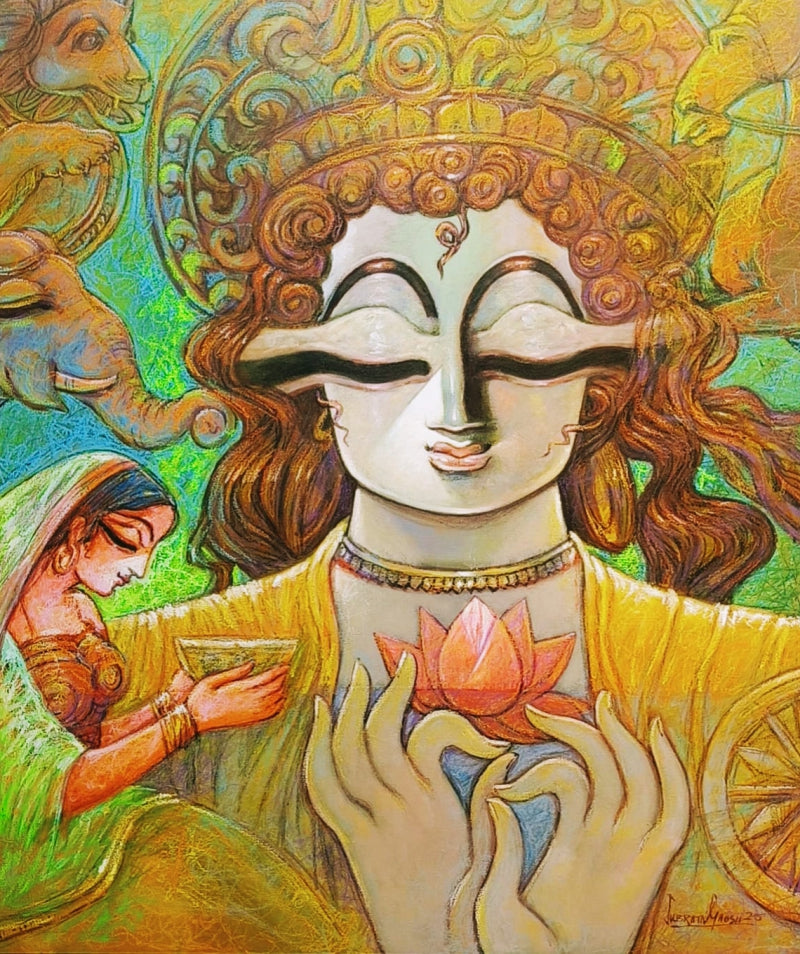 Peace' religious mixed-media painting by artist Subrata Ghosh, 36x30 inch, on canvas