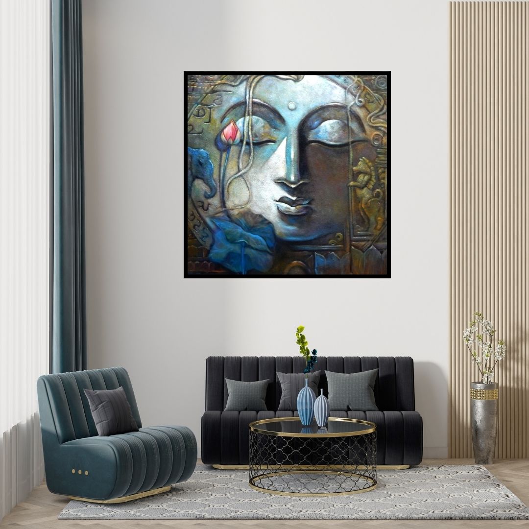 Preview of 'Peace 2 (Peace)' Painting by Subrata Ghosh shown on a wall in a furnished room.