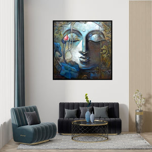 Preview of 'Peace 2 (Peace)' Painting by Subrata Ghosh shown on a wall in a furnished room.