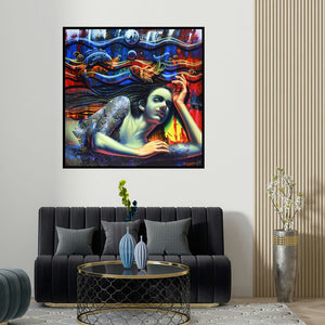 Prashanta Nayak's 'Peace (Celestial Union)' painting visualized above a sofa in a contemporary room.