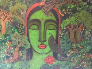 Peace Of Nature 4 (The Green Embrace) by Mamta Mondkar, Original Acrylic Figurative Painting on Canvas, Large Horizontal Wall Art