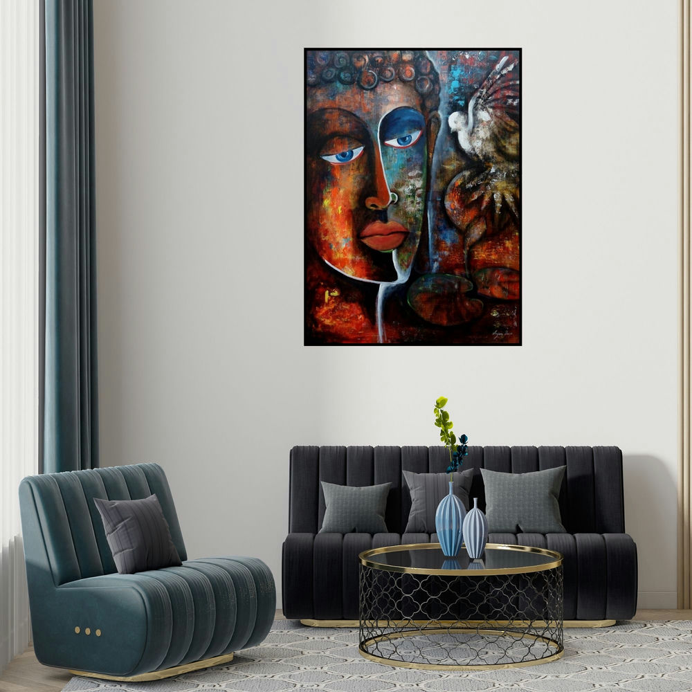 Arjun Das's 'Peaceful Buddha 1' painting visualized above a sofa in a contemporary room.