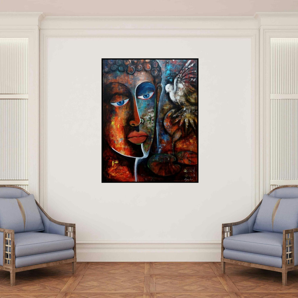 'Peaceful Buddha 1' painting by Arjun Das shown on a wall in a furnished room.