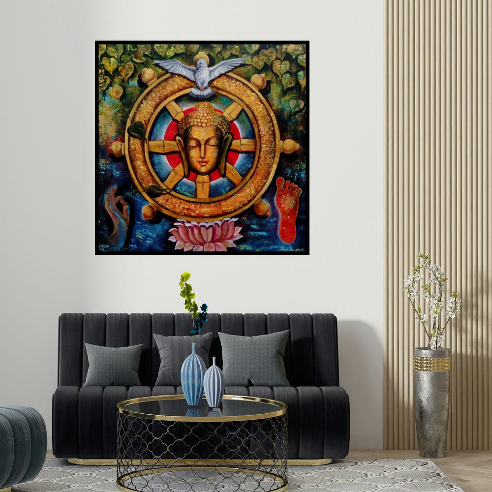 Arjun Das's 'Peaceful Buddha 4 (Buddha with Dharmachakra and Dove)' painting visualized above a sofa in a contemporary room.