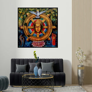 Arjun Das's 'Peaceful Buddha 4 (Buddha with Dharmachakra and Dove)' painting visualized above a sofa in a contemporary room.