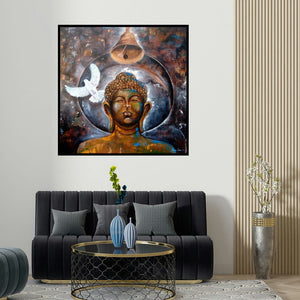 Arjun Das's 'Peaceful Buddha 5 (Enchanted Radha)' painting visualized above a sofa in a contemporary room.