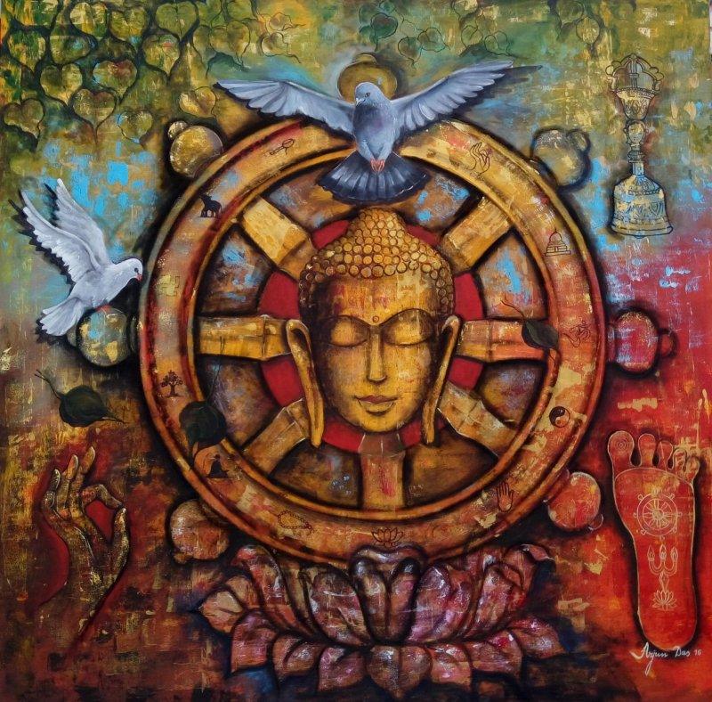Religious acrylic painting titled 'Peaceful Buddha ', 60x59 inches, by artist Arjun Das on Canvas Board