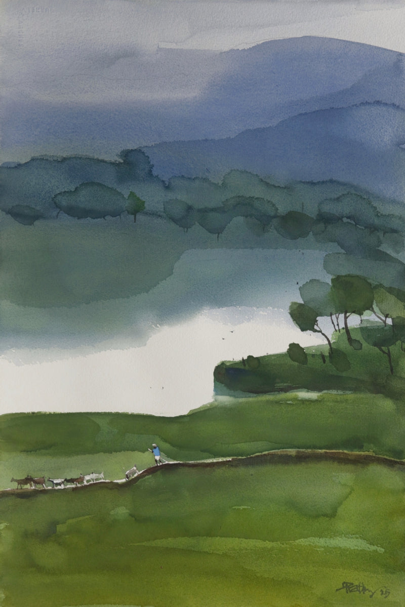 Peaceful Coexistence 5' landscape watercolor painting by artist Prashant Prabhu, 22x15 inch, on paper
