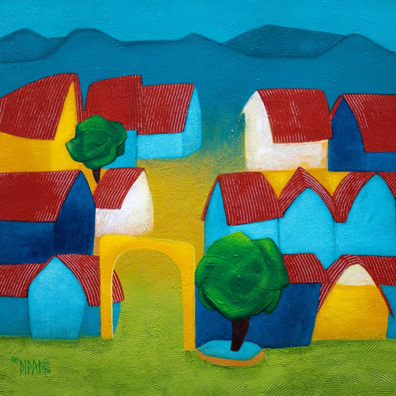 Peaceful Village' cityscape acrylic painting by artist Dipak Asole, 14x14 inch, on canvas