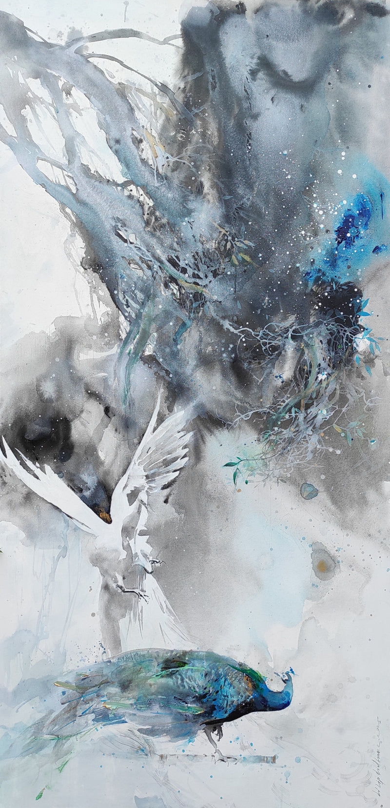 The Peacock 1' animals acrylic painting by artist Dilip Dudhane, 84x36 inch, on canvas
