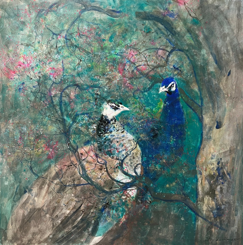 Peacocks Secret Nest' animals acrylic painting by artist Dilip Dudhane, 36x36 inch, on canvas