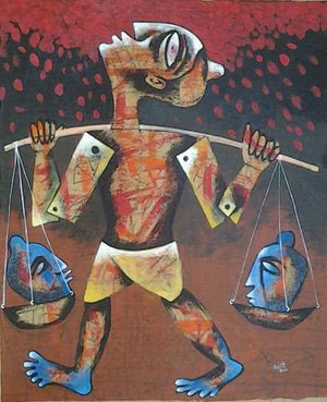 Peddler by Ranjith Raghupathy, Original Acrylic Figurative Painting on Cardboard, Medium Vertical Wall Art
