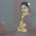 Pensive Grace' figurative acrylic painting by artist Ramchandra S Kharatmal, 24x24 inch, on canvas
