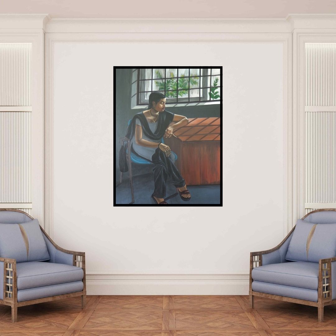 In-situ view of Divya Chinni's 'Pensive Mood (Divya Chinni at an Event)' painting in a room