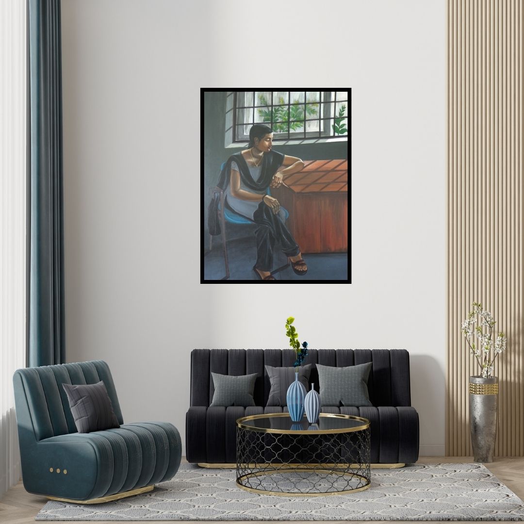 Preview of 'Pensive Mood (Divya Chinni at an Event)' Painting by Divya Chinni shown on a wall in a furnished room.