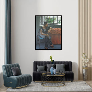 Preview of 'Pensive Mood (Divya Chinni at an Event)' Painting by Divya Chinni shown on a wall in a furnished room.
