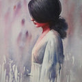 Figurative watercolor painting titled 'Pensive Mood', 20x14 inches, by artist Manoj Pratim Ray on Paper