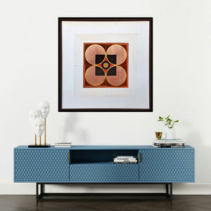 'A Perfect Quartet (Geometric Abstraction in Brown and Gold)' painting by Bhiva Punekar shown on a wall in a furnished room.