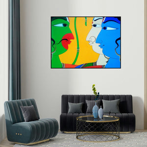 Shahed Pasha's 'The Performers (The Encounters)' painting visualized above a sofa in a contemporary room.