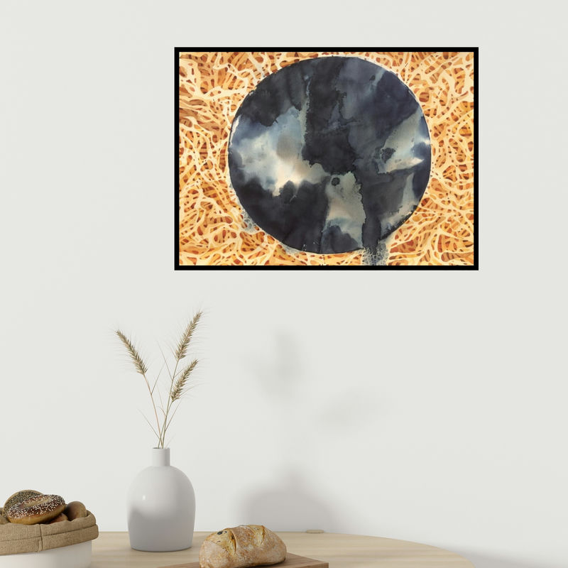 In-situ view of Sajal Sarkar's 'Perilous Home 1 (The Veiled Sun)' painting in a room