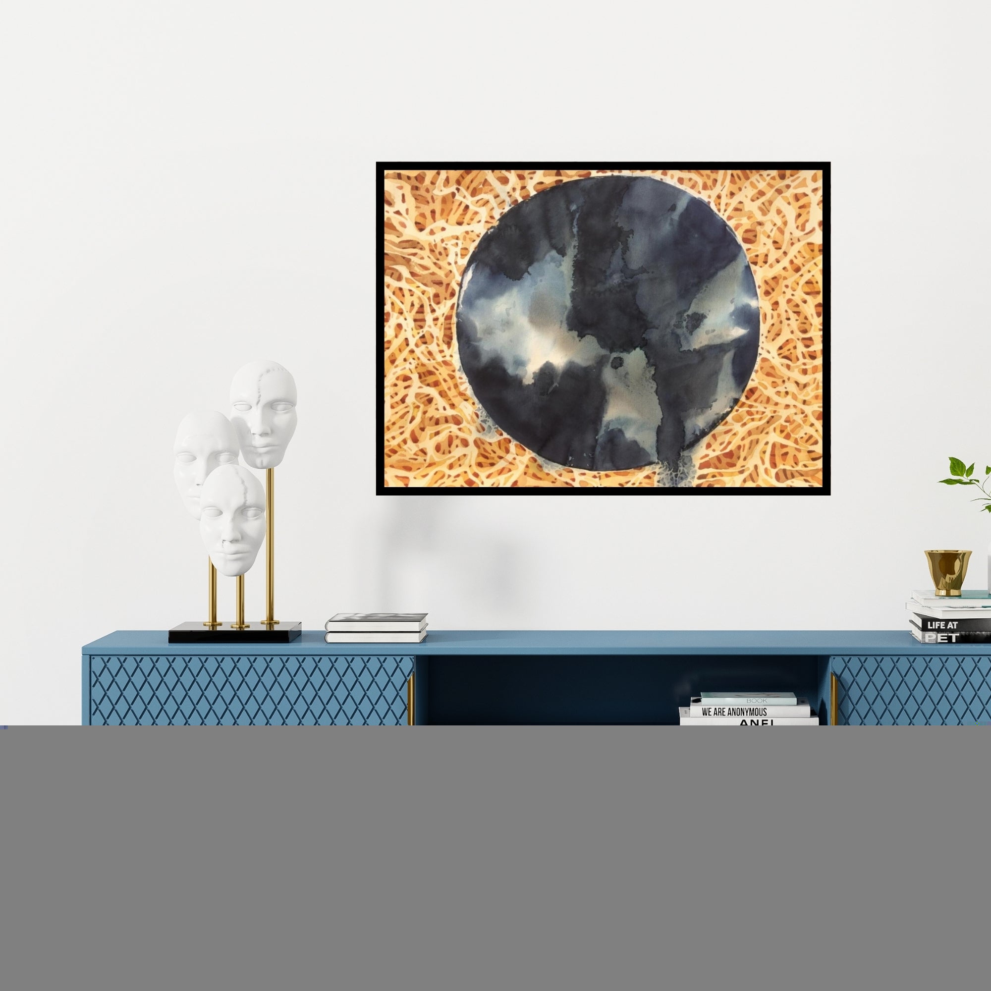 Preview of 'Perilous Home 1 (The Veiled Sun)' Painting by Sajal Sarkar shown on a wall in a furnished room.