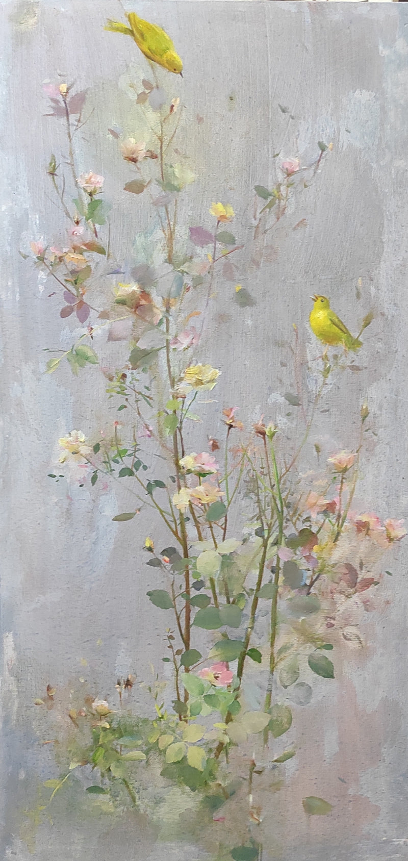 Petals And Wings' nature acrylic painting by artist Dilip Dudhane, 48x24 inch, on canvas