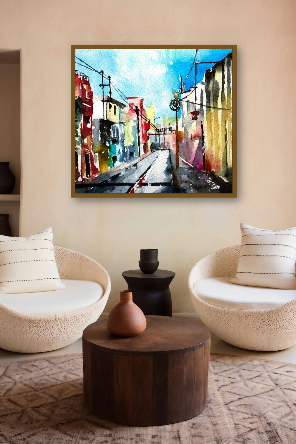Petit Canal (Pondicherry Palette: A Street in Transition) by artist Veronique Piaser-Moyen displayed in a Modern gallery