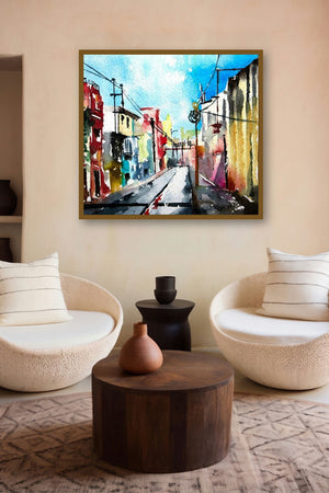 Petit Canal (Pondicherry Palette: A Street in Transition) by artist Veronique Piaser-Moyen displayed in a Modern gallery