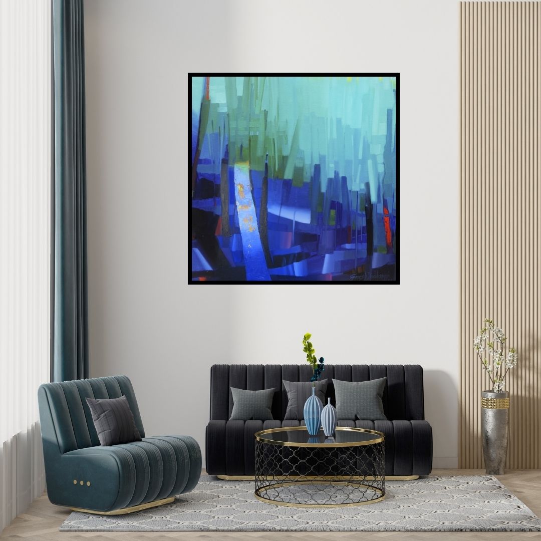 Preview of 'Petrichor 59B' Painting by Ganesh Doddamani shown on a wall in a furnished room.