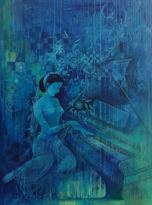 Pianist by Durshit Bhaskar, Original Oil Fantasy Painting on Canvas, Large Vertical Wall Art