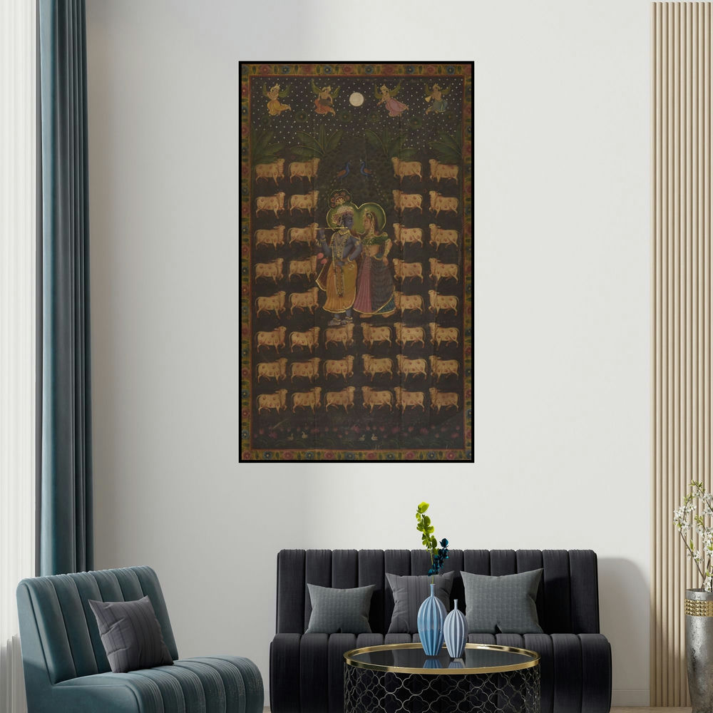 Unknown's 'Pichwai (Celestial Harmony)' painting visualized above a sofa in a contemporary room.