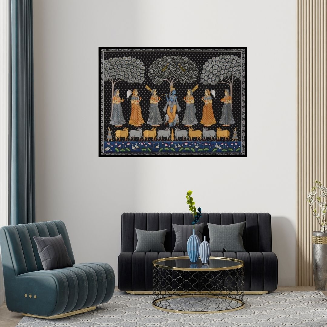 Preview of 'Pichwai (Krishna's Enchanted Grove)' Painting by Unknown shown on a wall in a furnished room.