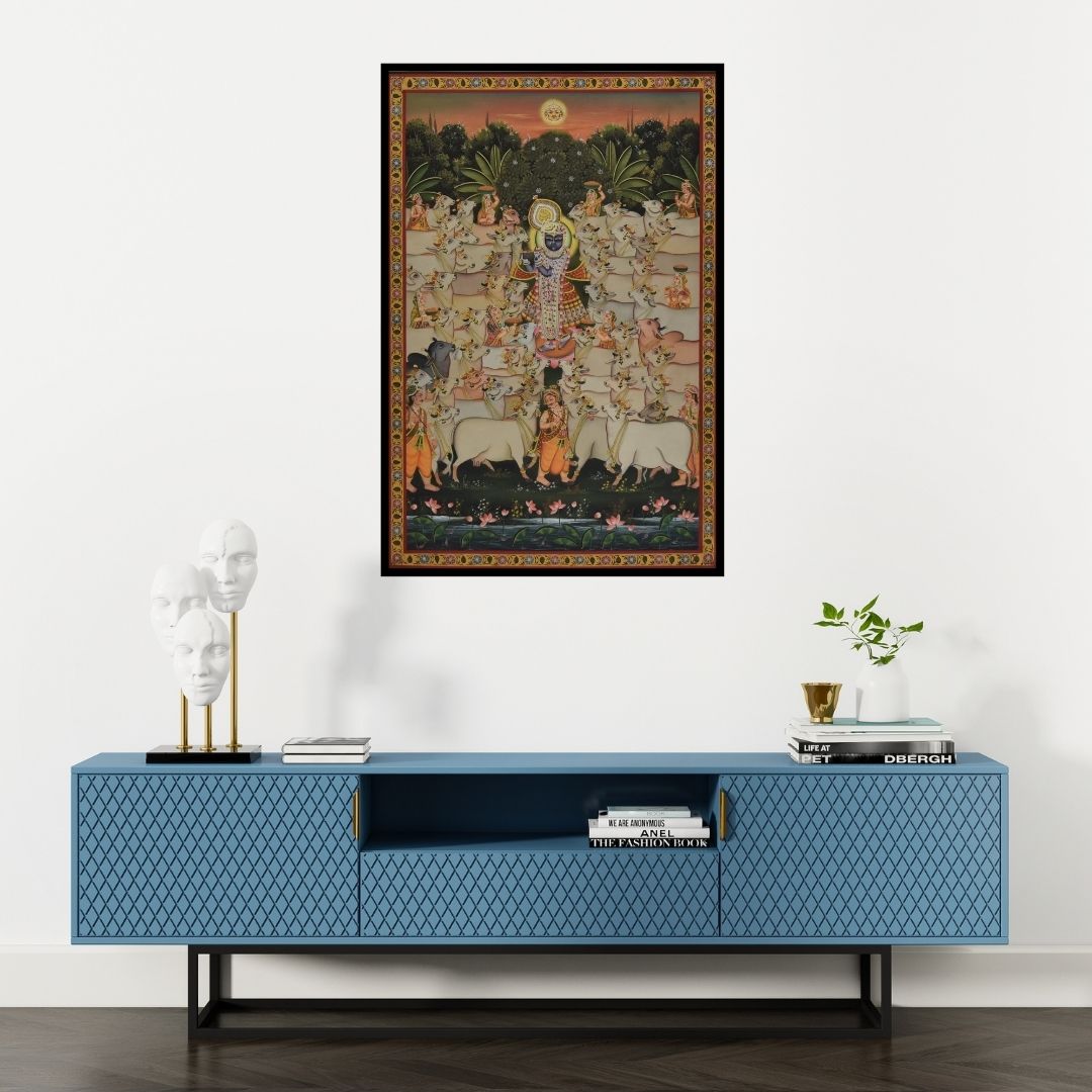 Preview of 'Pichwai (Shrinathji: Divine Cowherd)' Painting by Unknown shown on a wall in a furnished room.