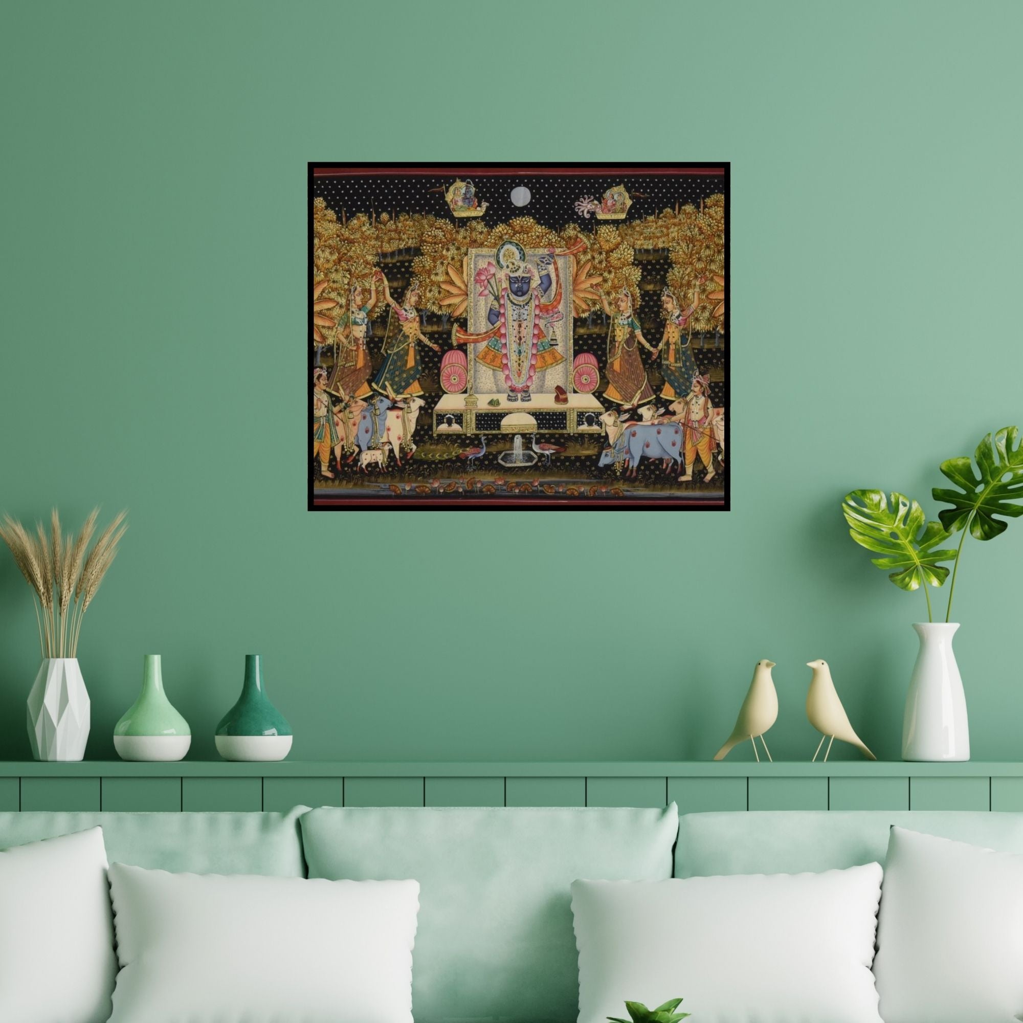 Preview of 'Pichwai (Shrinathji's Moonlit Serenade)' Painting by Unknown shown on a wall in a furnished room.