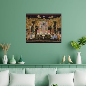 Preview of 'Pichwai (Shrinathji's Moonlit Serenade)' Painting by Unknown shown on a wall in a furnished room.