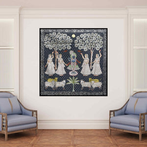 In-situ view of Pichwai's 'Pichwai (Dance of Divine Love)' painting in a room