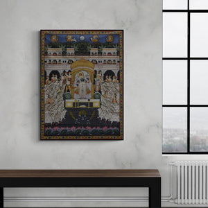Preview of 'Pichwai (Shrinathji Royal Procession)' Painting by Pichwai shown on a wall in a furnished room.