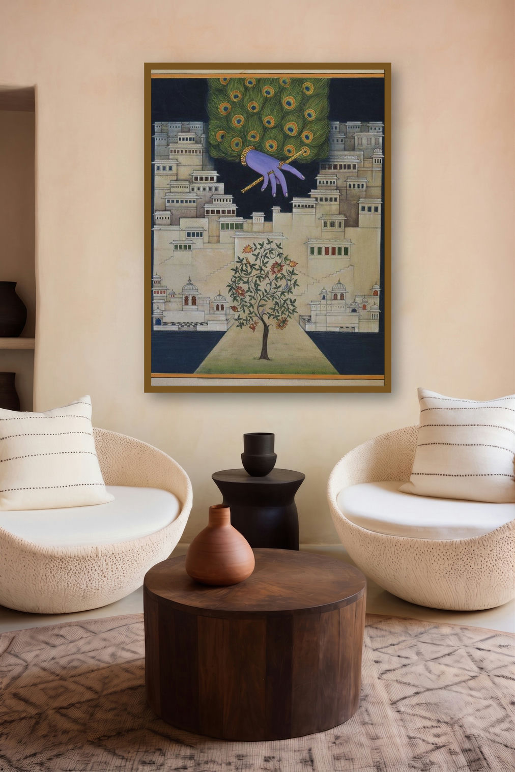 Pichwai Krishna Leela (Divine Presence) by artist Pushkar Lohar Pichwai displayed in a Minimalist gallery