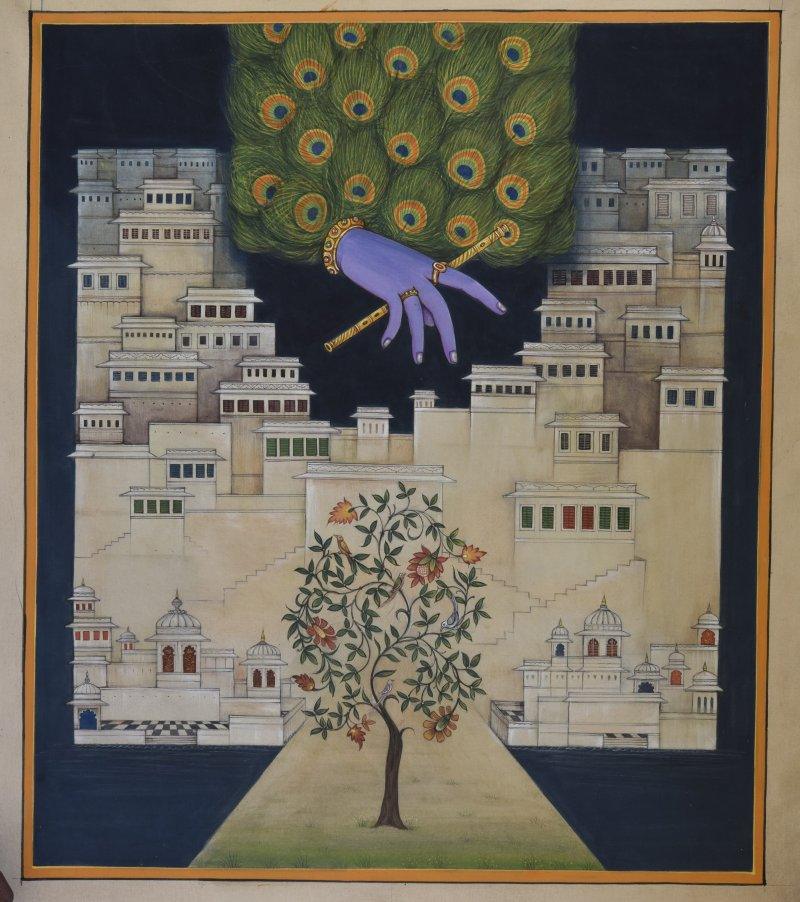 Religious mixed media painting titled 'Pichwai Krishna Leela', 24x29 inches, by artist Pushkar Lohar  Pichwai on Cloth