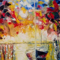Impressionist oil painting titled 'Pier Regalia', 18x10 inches, by artist Kiran Bableshwar on Canvas