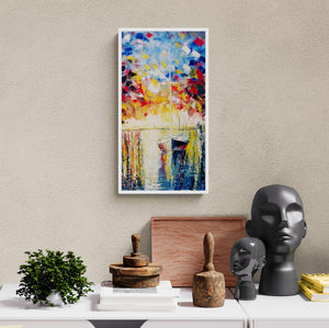 In-situ view of Kiran Bableshwar's 'Pier Regalia' painting in a room