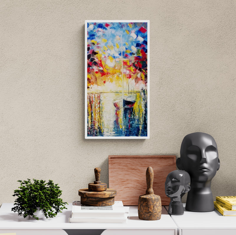 In-situ view of Kiran Bableshwar's 'Pier Regalia' painting in a room