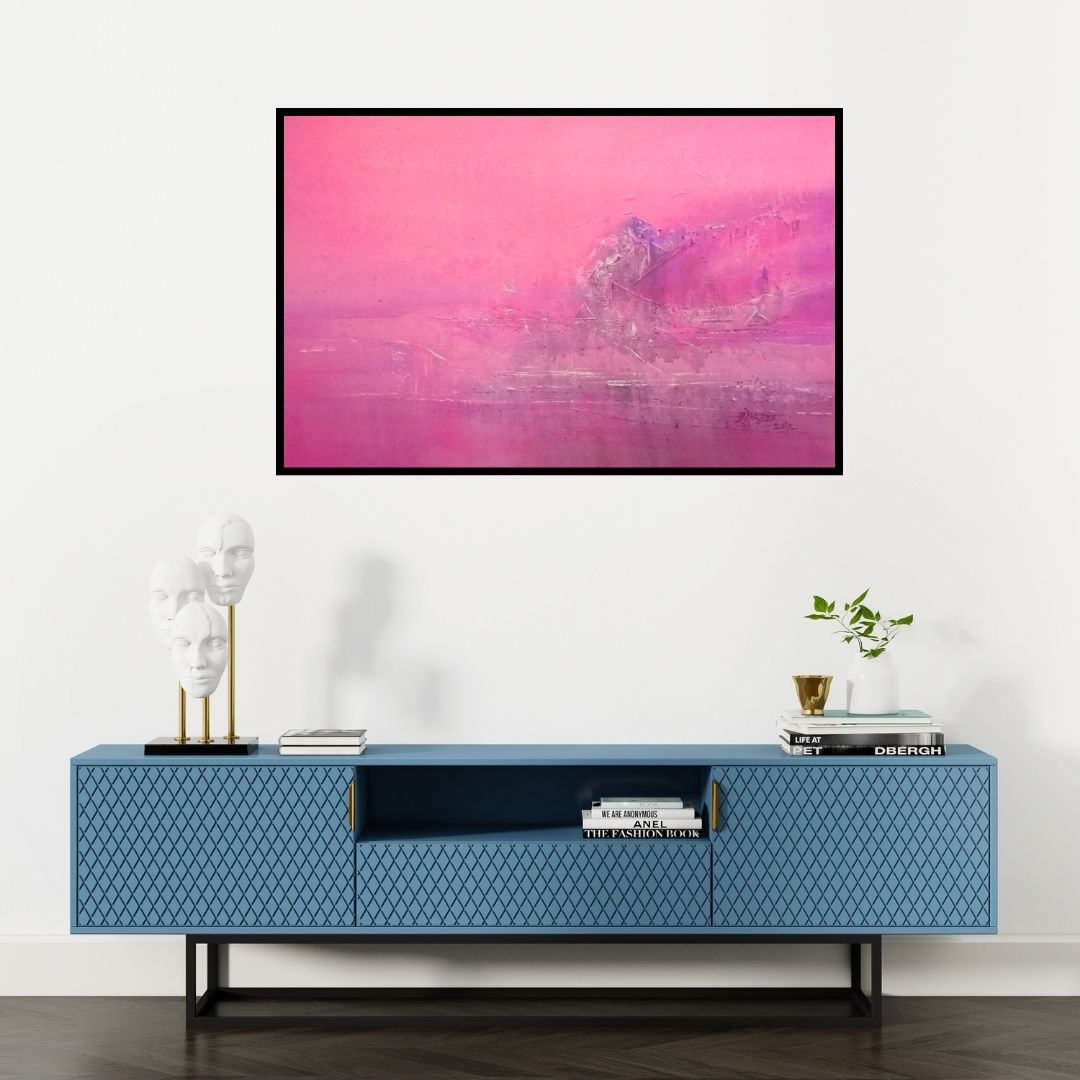 Preview of 'Pink (Roseate Mist)' Painting by Dnyaneshwar Dhavale shown on a wall in a furnished room.
