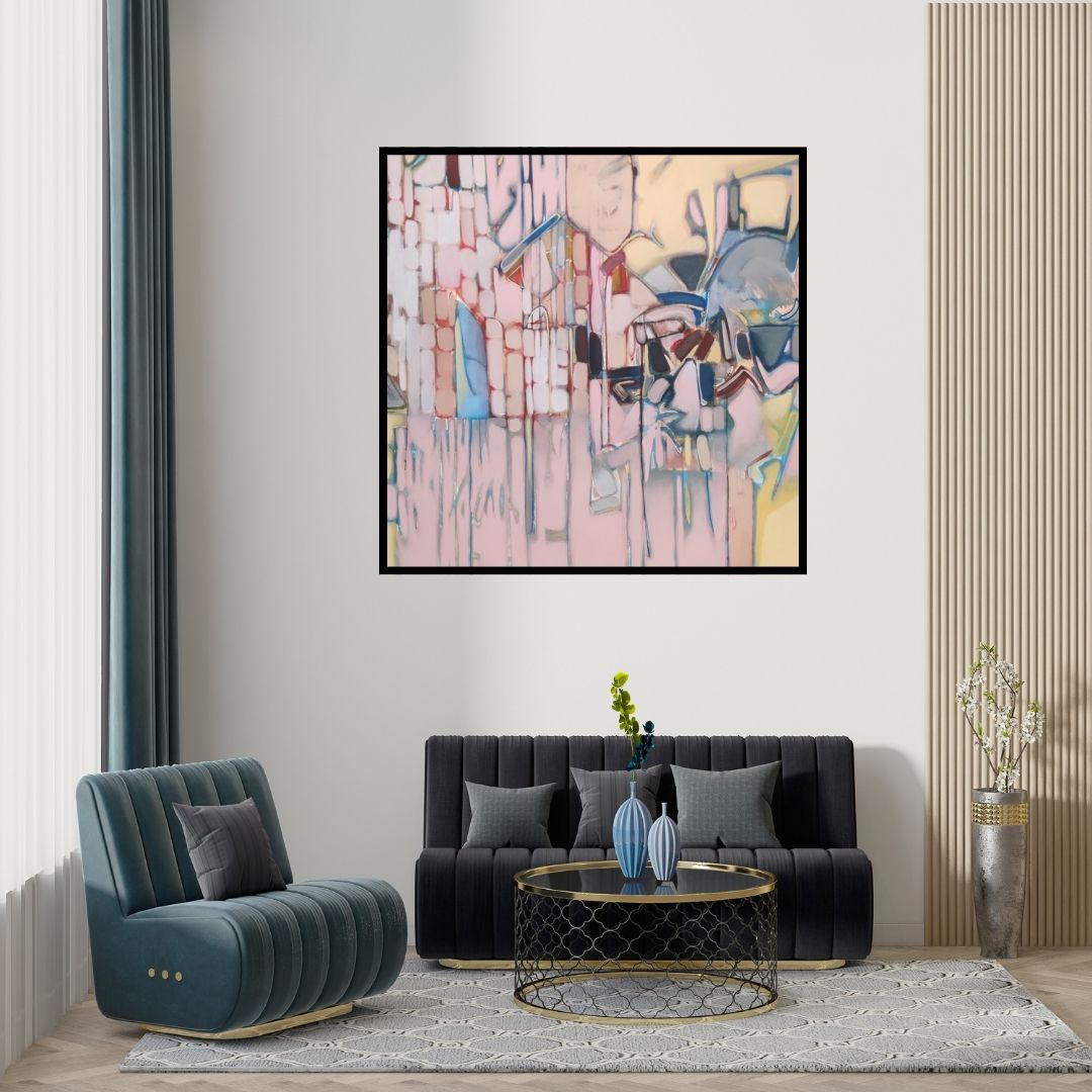 Preview of 'Pink City' Painting by Sameer Dixit shown on a wall in a furnished room.