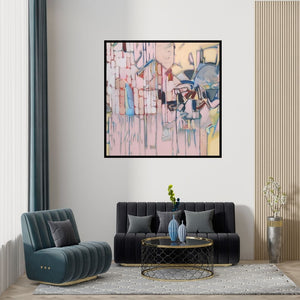 Preview of 'Pink City' Painting by Sameer Dixit shown on a wall in a furnished room.