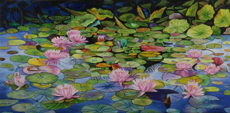 Nature oil painting titled 'Pink Lily Pond 21', 60x30 inches, by artist Sulakshana Dharmadhikari on Canvas