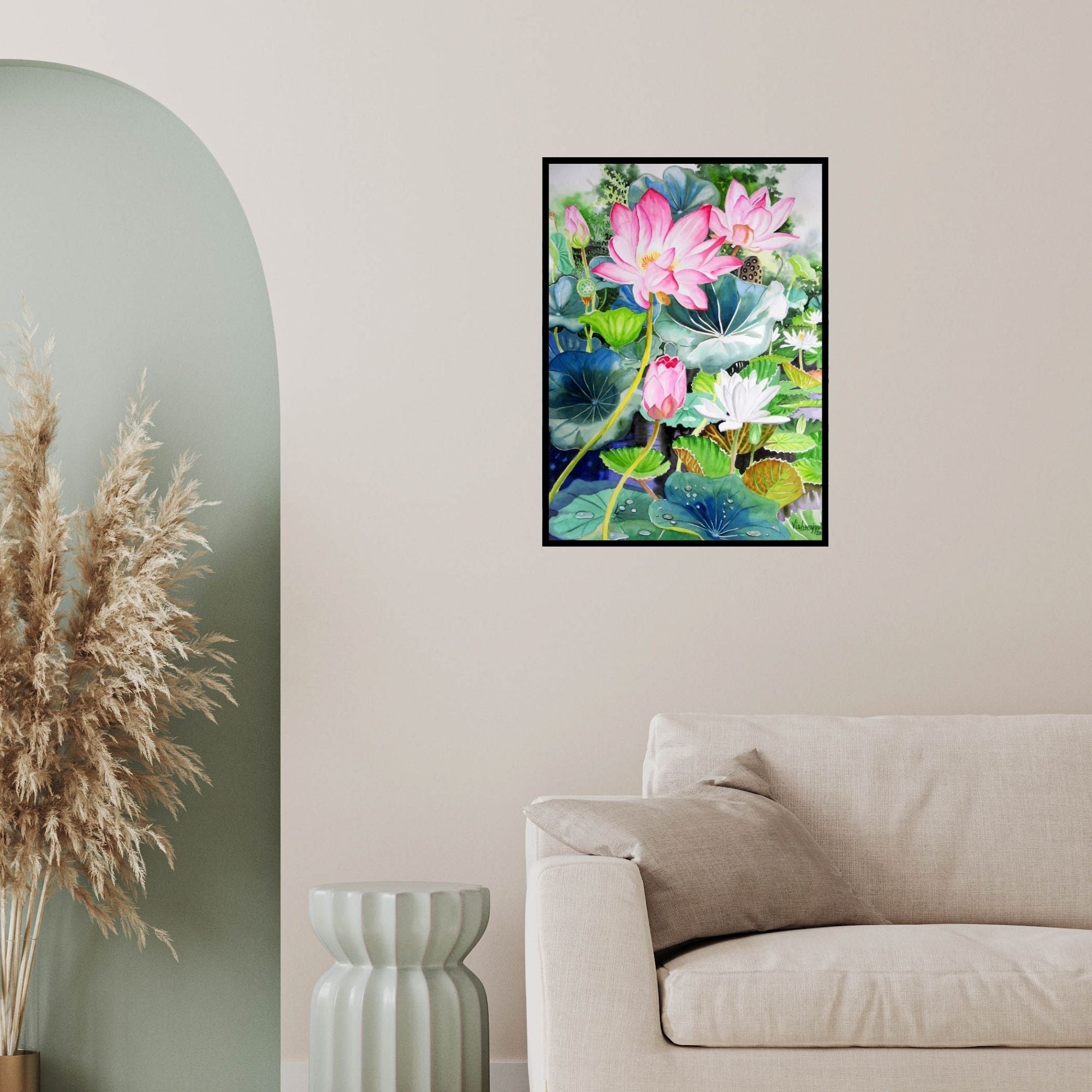 In-situ view of Vishwajyoti Mohrhoff's 'Pink Lotus And White Water Lilies 2' painting in a room